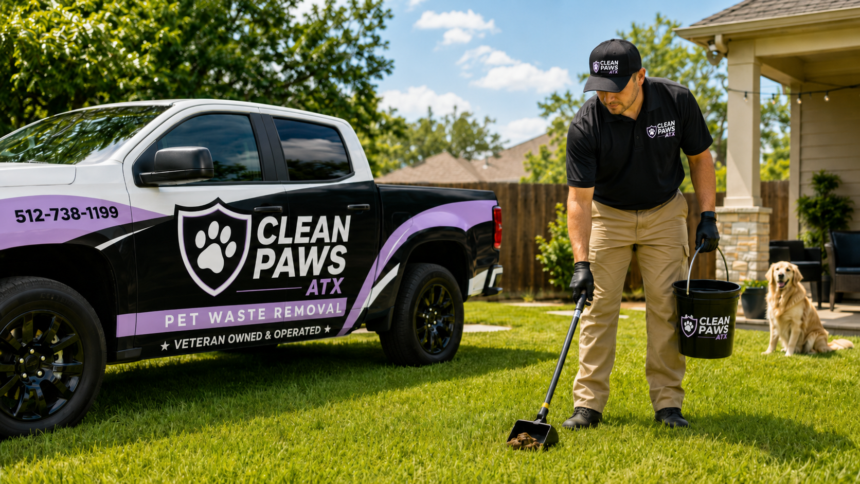 Clean Paws ATX wrapped truck and worker scooping pet waste